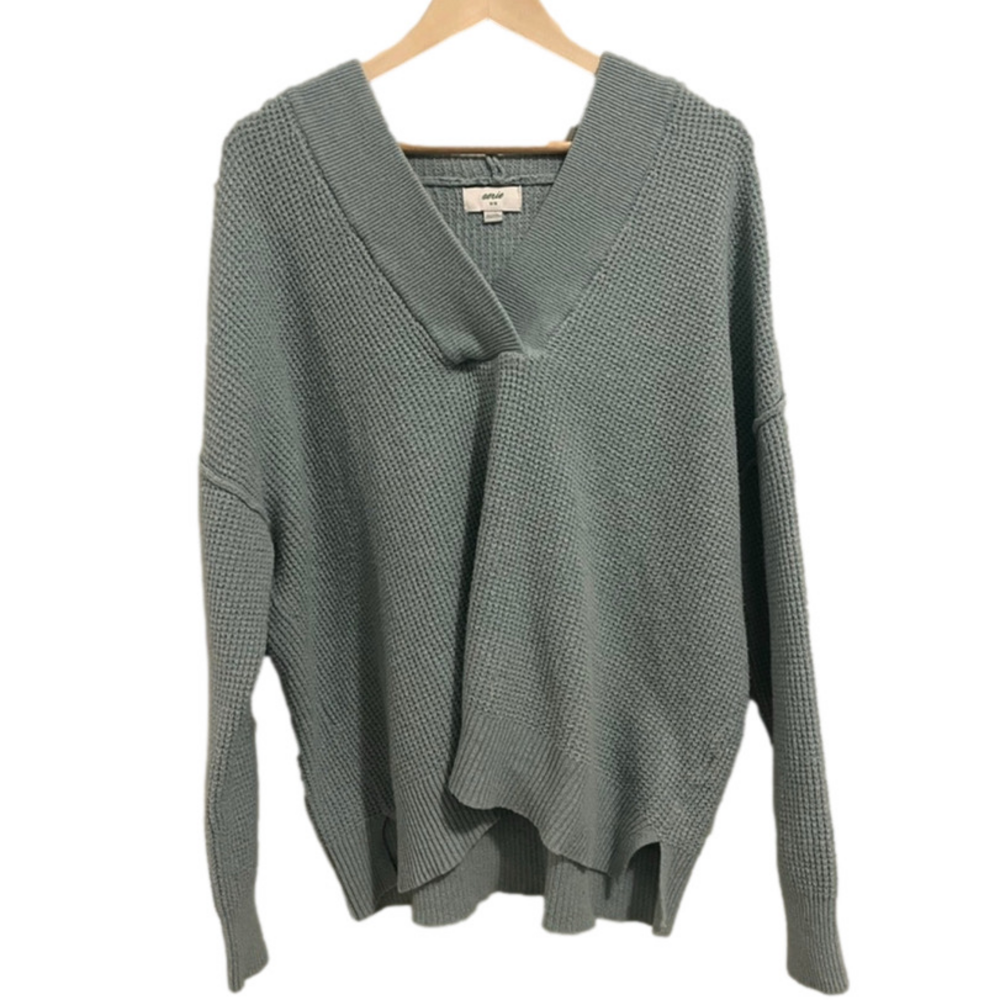 Aerie Light Blue Teal V-Neck Sweater Oversized Slouchy Waffle Knit Hoodie